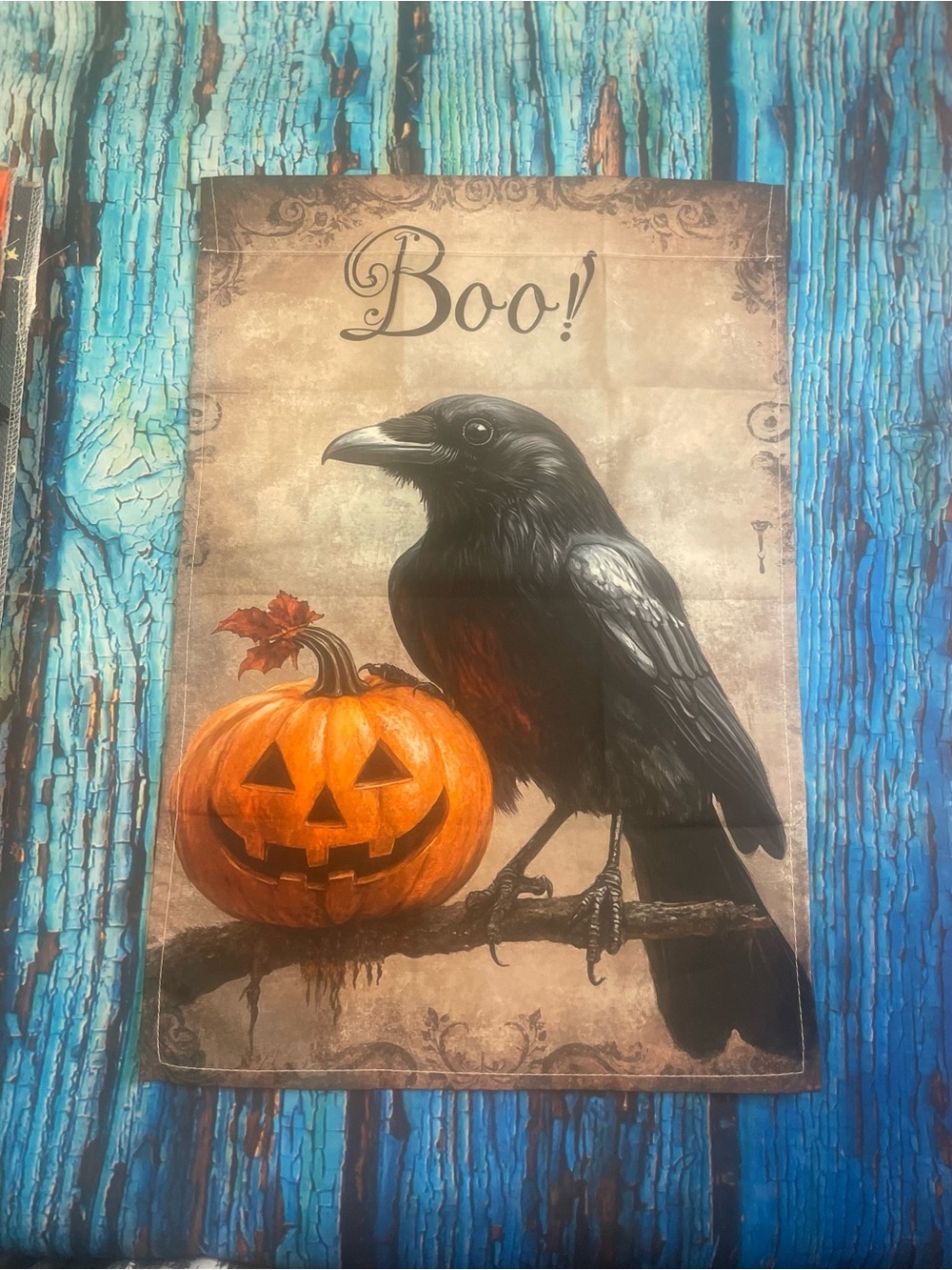 Boo! Raven & Pumpkin Halloween Garden Flag Black and Orange